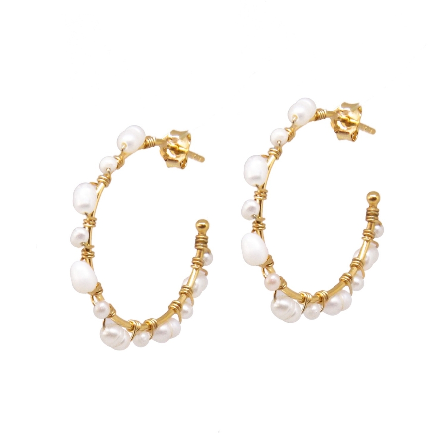 BOUCLES ANNEAUX DREAM WHITE PEARL DORE OR FIN 24K