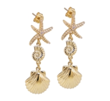 BOUCLES CRUSTACES STARFISH COQUILLA DORE OR FIN 24K