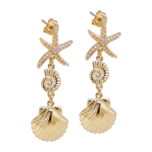BOUCLES CRUSTACES STARFISH COQUILLA DORE OR FIN 24K