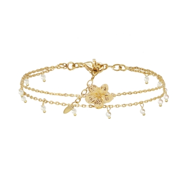 BRACELET DOUBLE FRANGIPANE PERLES D'EAU DORE OR FIN 24K