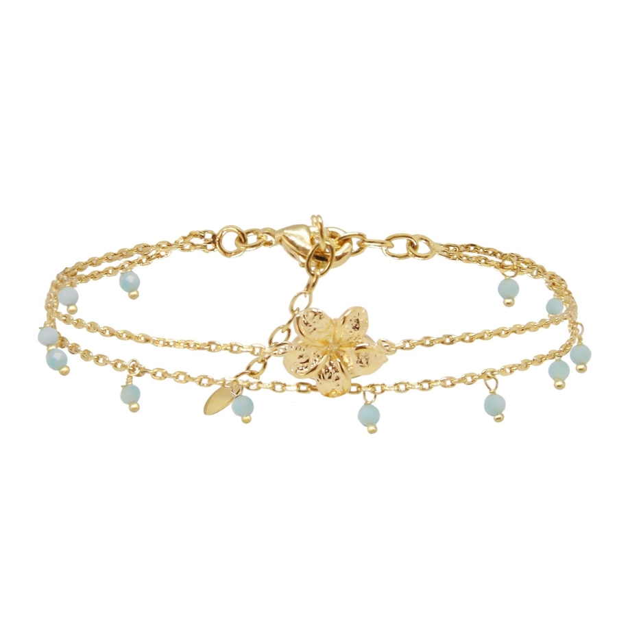 BRACELET DOUBLE FRANGIPANE AMAZONITE DORE OR FIN 24K