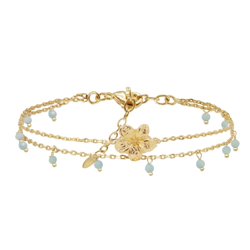 BRACELET DOUBLE FRANGIPANE AMAZONITE DORE OR FIN 24K