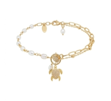 BRACELET TURTLE ZIRCO PERLES EAU DOUCE DORE OR FIN 24K
