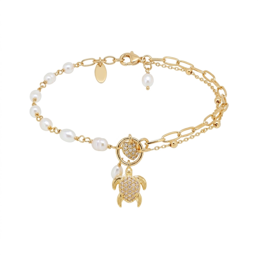 BRACELET TURTLE ZIRCO PERLES EAU DOUCE DORE OR FIN 24K