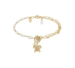 BRACELET TURTLE ZIRCO PERLES EAU DOUCE DORE OR FIN 24K