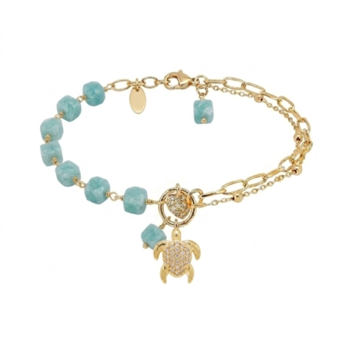BRACELET TURTLE ZIRCO AMAZONITE DORE OR FIN 24K