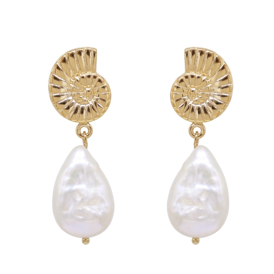 PUCES LITTLE NAUTILUS PERLES D'EAU DORE OR FIN 24K